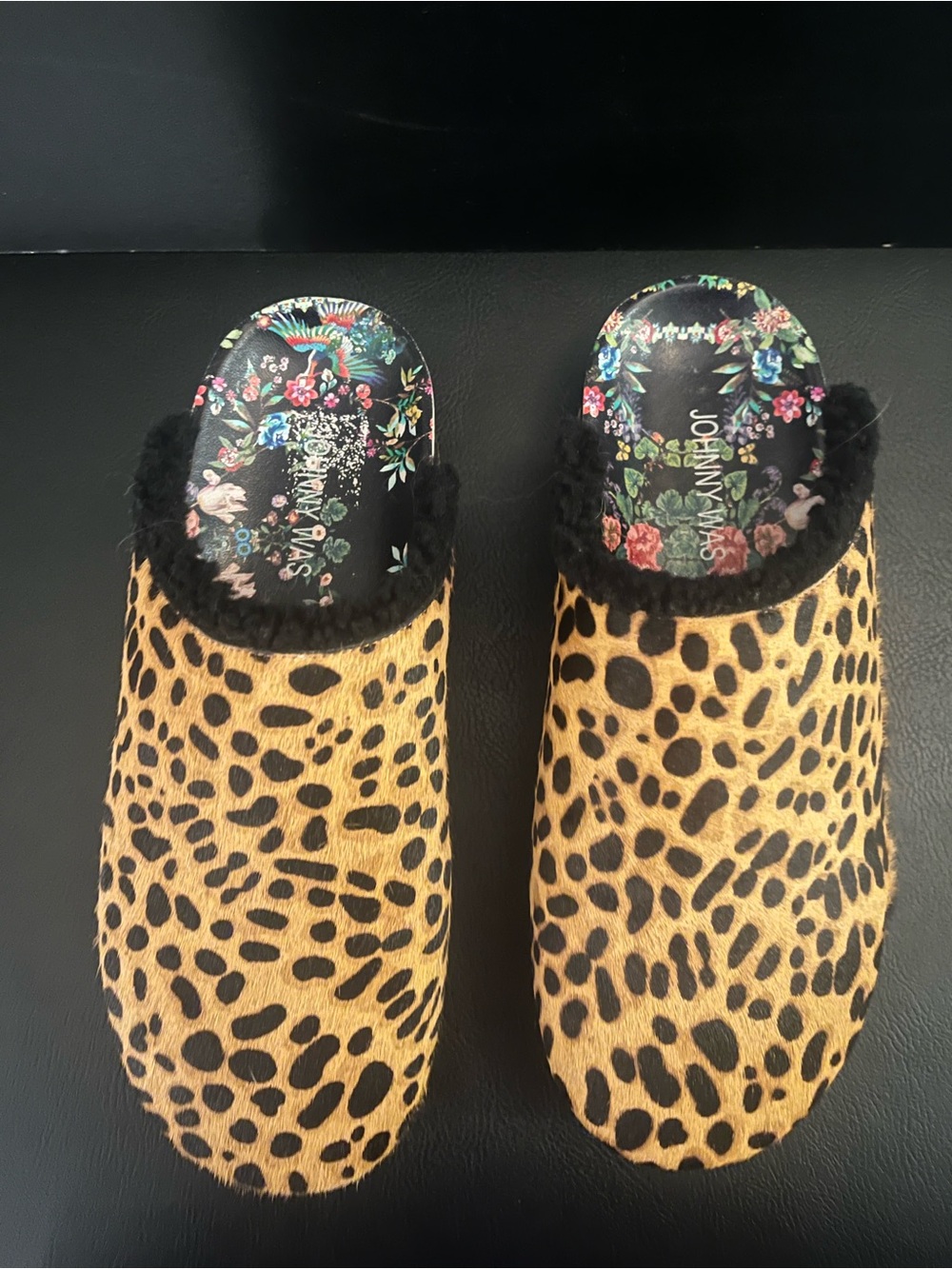 Johnny Was Leopard Print Calf Hair Slip-On Mules